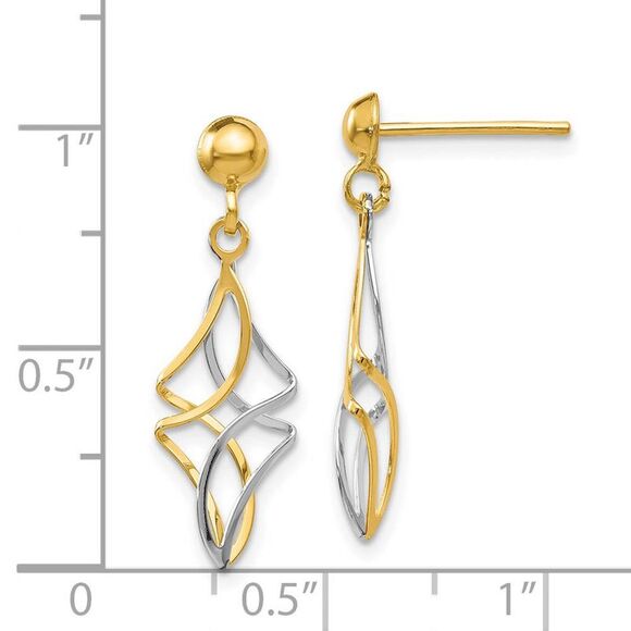 Two Tone Twisted Dangle Post Earrings in 14k Yellow and White Gold - Picture 4 of 5